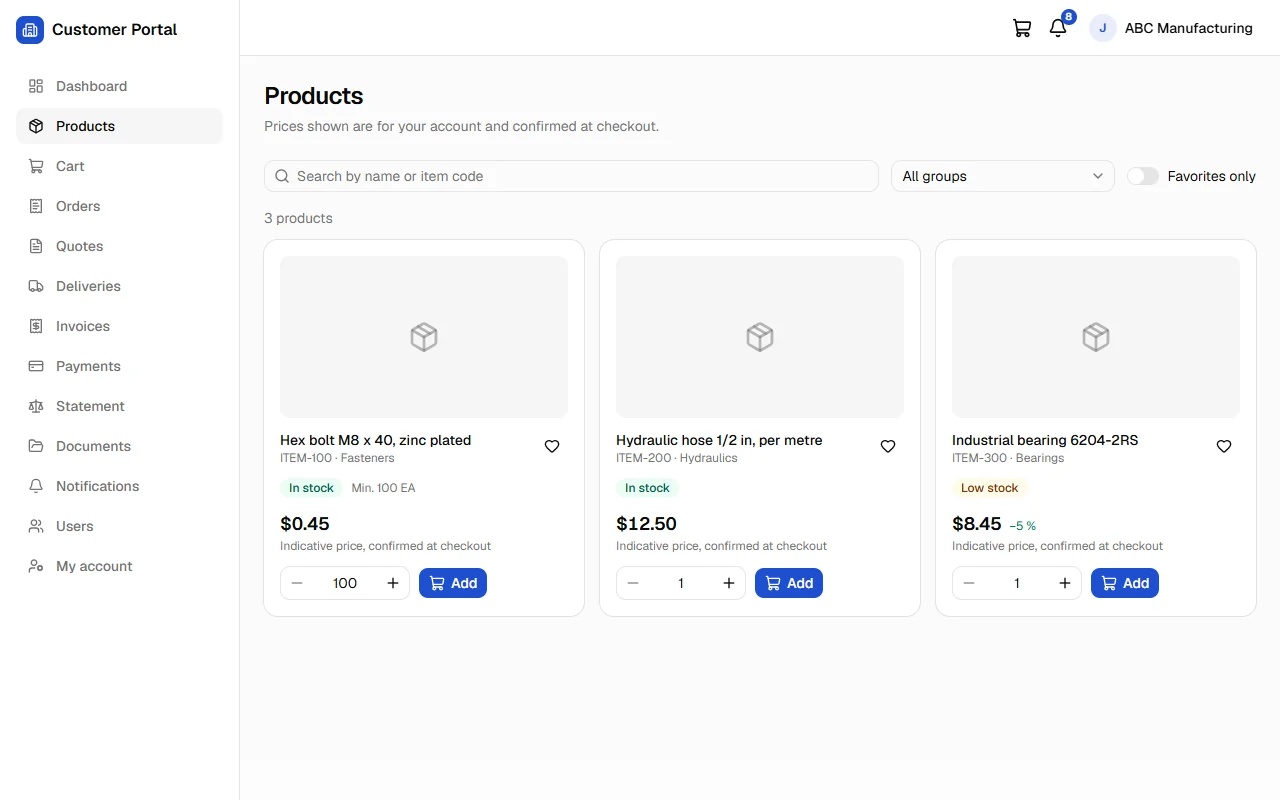 Customer Portal product catalog with customer-specific prices, stock status and add-to-cart